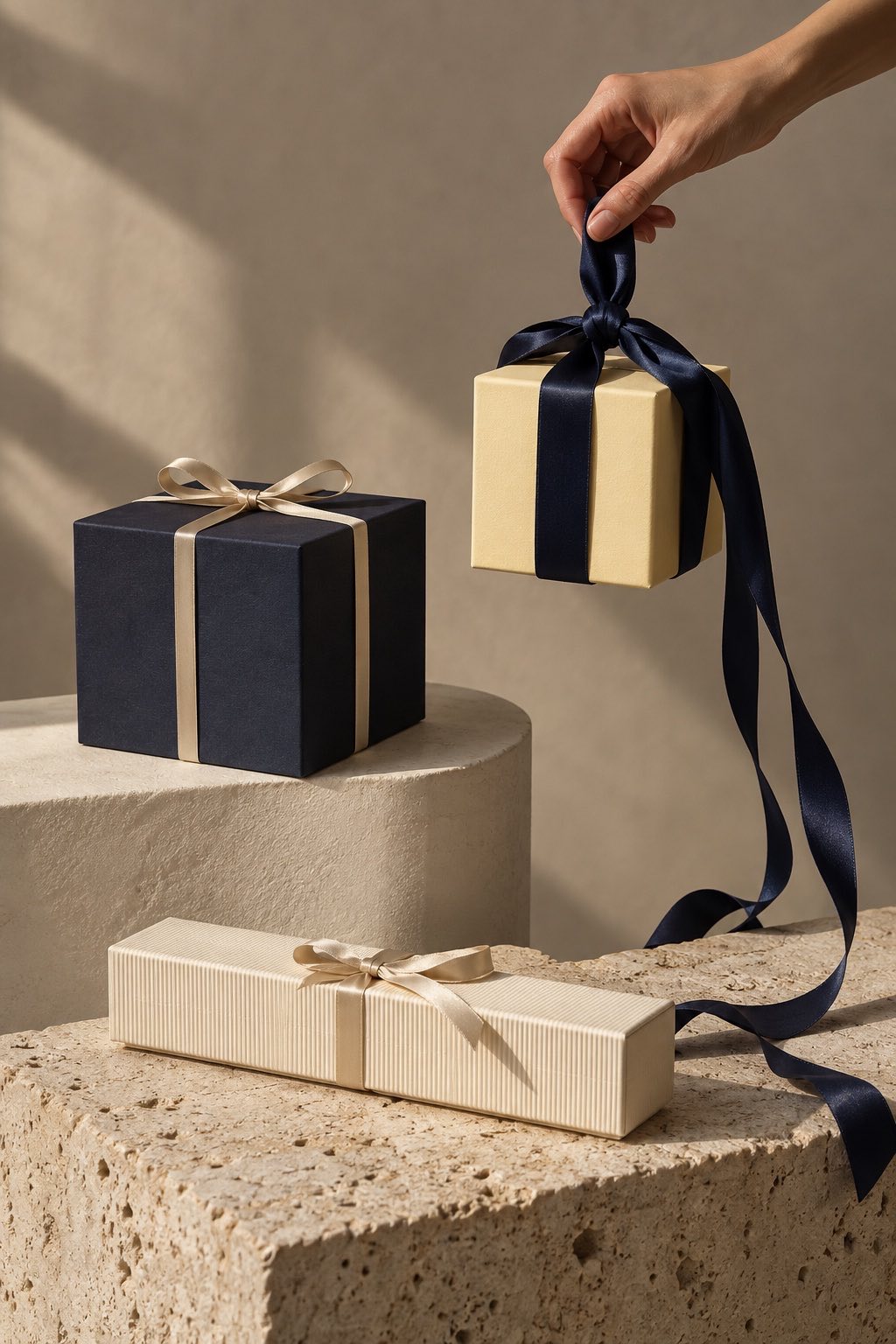 Gifts at different heights on textured stone, with a hand lifting a ribbon-tied box