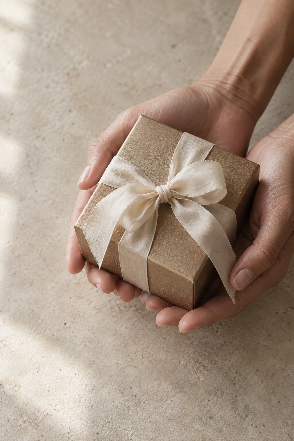 Hands cradling a champagne gift with ivory silk ribbon over warm sandy limestone